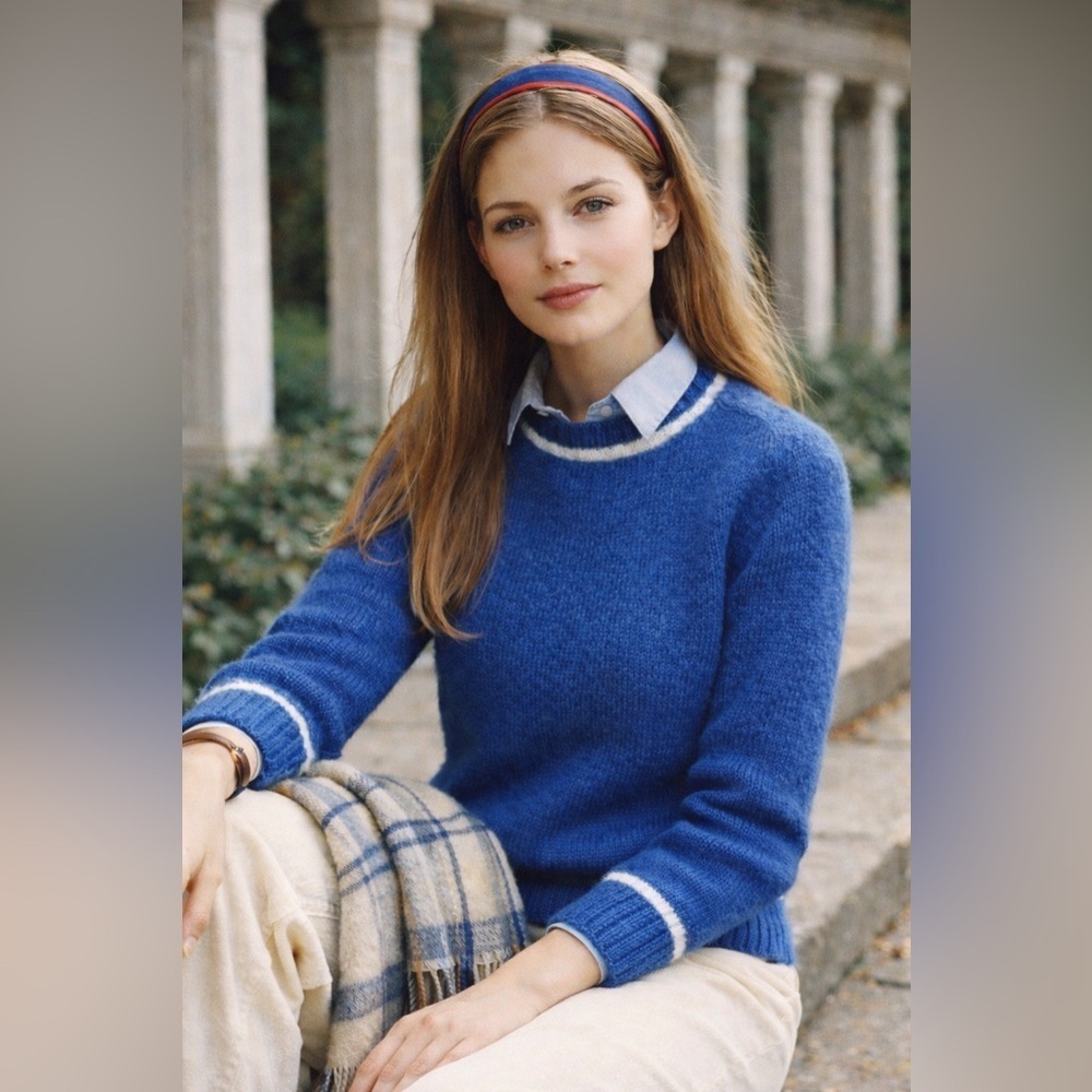 Scholastik Sportswear Womens Vintage 1970s Sweater Sz S Blue White Wool Crewneck